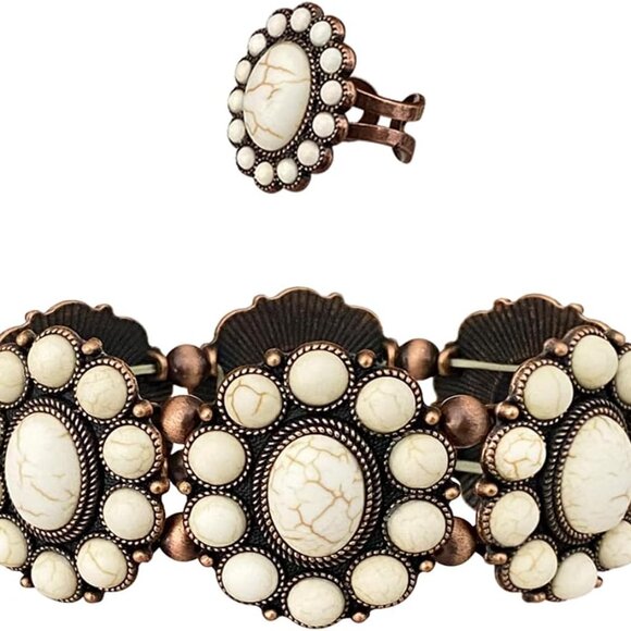 Western Cowgirl Bracelets Set Zinc Stretch Ring Jewelry for Women Boho Style - Picture 1 of 6